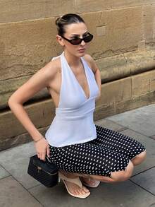 hollyjadebate Women Casual Capris Polka Dot Print Slim Fit Shorts,Going Out,Back To School, Summer - Black and White - View 3