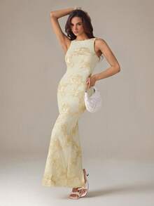 SHEIN Tall 純色黃色紋理提花無袖修身洋裝，適合早午餐、婚禮賓客、雞尾酒會、度假海灘洋裝，黃色婚禮賓客洋裝，優雅女款洋裝，黃色正式洋裝 - 黃色 - 查看 5