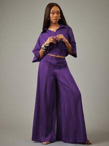 NYA SZN Conjunto a juego con top con cremallera y pantalón de pierna ancha a rayas - Morado - Ver 6