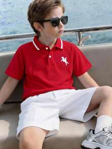 SHEIN Kids Tween Boy Spring/Summer Casual Versatile Red Pique Short Sleeve T-Shirt POLO Shirt Knit Top Suitable For Commuting, School, Daily Casual Outings, Sports, Spring/Summer Seasons, Beach Vacations - Red - View 1
