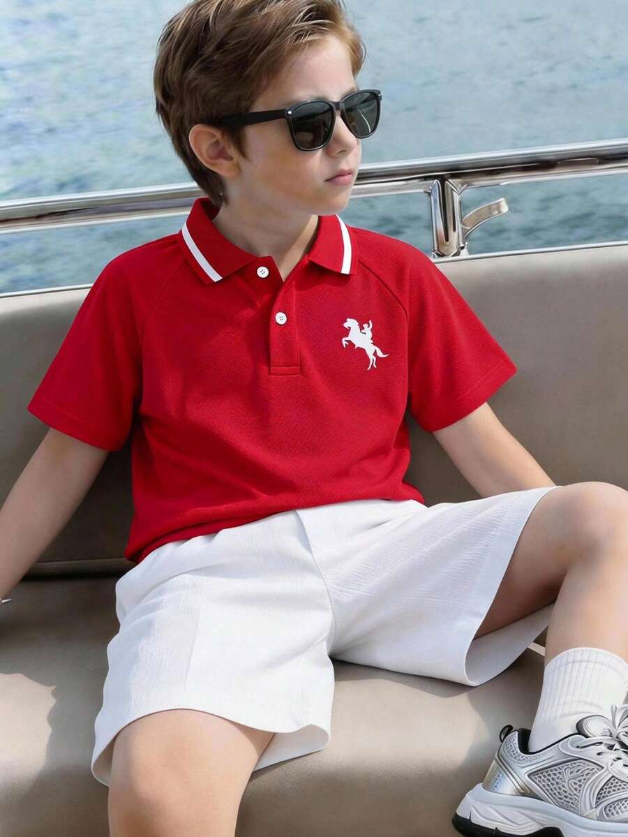 SHEIN Kids Tween Boy Spring/Summer Casual Versatile Red Pique Short Sleeve T-Shirt POLO Shirt Knit Top Suitable For Commuting, School, Daily Casual Outings, Sports, Spring/Summer Seasons, Beach Vacations - Red - View 1