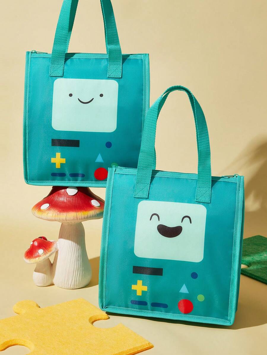 ADVENTURE TIME X SHEIN 1個卡通角色印花保溫保冷午餐袋,野餐袋,大容量,可裝午餐盒與飲料,適用於野餐、露營、旅行、居家使用,適合家庭、學生、朋友、冒險,BOM - 墨綠色 - 查看 1