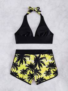 SHEIN Swim Women's Vacation Bow Halter Tie Top And Coconut Tree Print Shorts Two-Piece Swimsuit Set (Random Print) - Yellow - View 6
