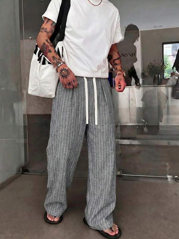 STEELVANCE Men's Striped Pattern Drawstring Waist Loose Casual Long Pants