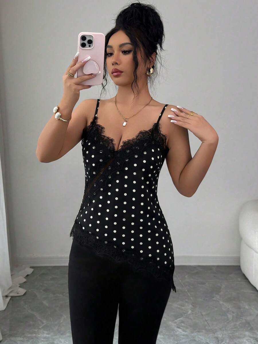 Rafferiza 女款優雅圓點咖啡色蕾絲拼接背心上衣 - 黑色 - 查看 1