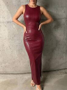 SHEIN ICON Robe longue élégante en PU à col rond et taille cintrée pour femmes, pour soirée - Rouge foncé - Voir 3