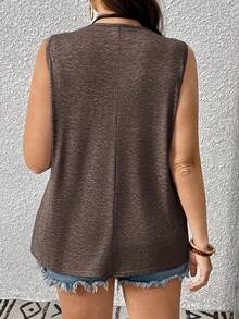 EMERY ROSE Plus Size Women's Solid Color Casual V-Neck Water-Soluble Lace Patchwork Sleeveless Knit Tank Top - Brown - View 2