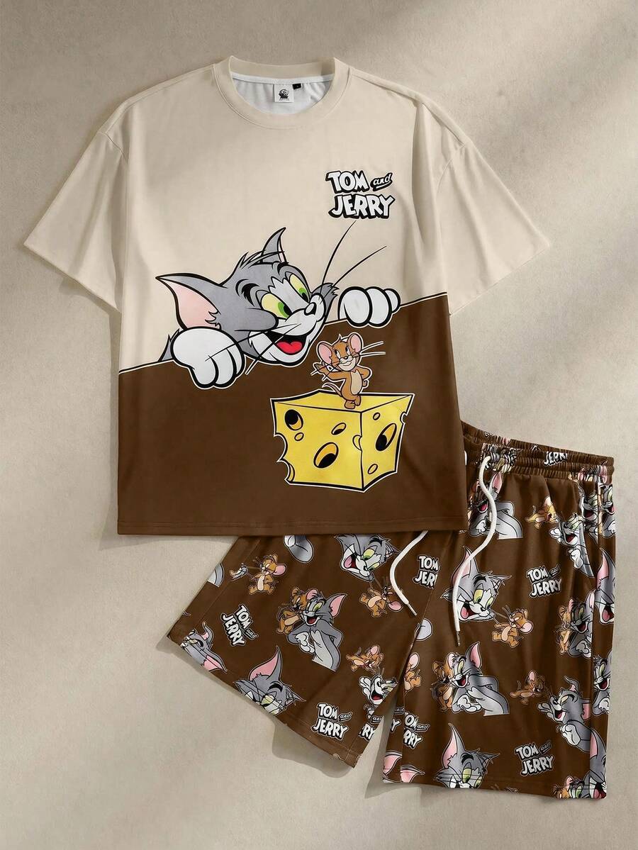 TOM & JERRY X SHEIN 男士圓領字母卡通圖案短袖上衣與短褲休閒日常家居服套裝 - 棕色 - 查看 1