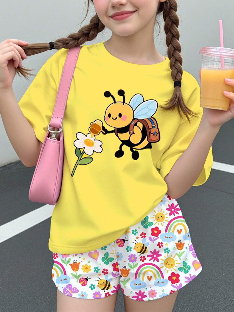 青少年女孩休閒時尚創意個性化清爽可愛卡通卡哇伊小蜜蜂花卉圖案短袖上衣 & 短褲 2件套，適合夏季，圖案設計，舒適，女孩套裝，Y2K，度假，卡哇伊 - 彩色 - 查看 1