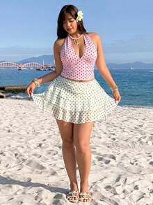 GalTyme Light Pink Polka Dot Print Halter Neck Plus Size Tank Top - Baby Pink - View 3