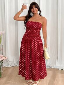 GalTyme Plus Size Women's Summer Beach Vacation Polka Dot Print Ruched Waist Bandeau Dress - Burgundy - View 4