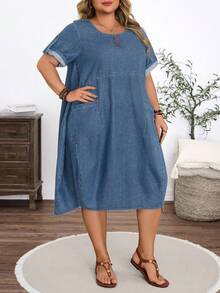 EMERY ROSE Vestido de mezclilla con bolsillos de verano para mujer talla grande - Azul lavado oscuro - Ver 4