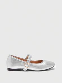CUCCOO BIZCHIC Spring And Autumn Metal Buckle Contrasting Color Hemming Round Toe Flat Bottom, Retro Style Mary Jane Shoes Commuting Shopping - Silver - View 4