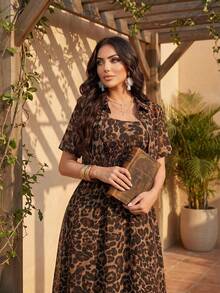 Auveirra 2pcs/Set Women Leopard Print Dress And Leopard Print Blouse Leopard Set Cheetah Print Outfit, For Going Out Vacation - Gold - View 5