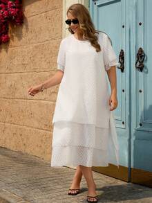 Miaspire Plus Size Women's Round Neck Short Sleeve Multi-Layer Ruffle Hem Loose Fit Dress - White - View 5