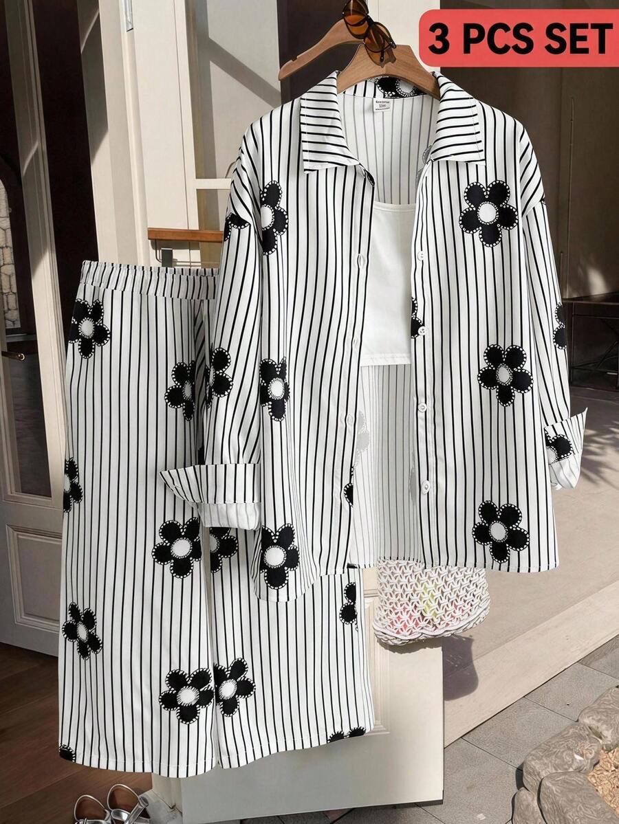 SHEIN 少女三件套:条纹长袖衬衫、印花长裤和吊带背心,适合春秋季穿着 - 黑與白 - 查看 1