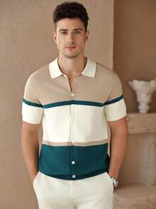 Core Aspect Men's Contrast Color Short Sleeve Single Breasted Casual Knit Cardigan - Khaki - View 4