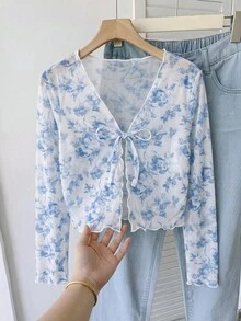 SHEIN Tween Girl Floral Pattern Ruffle Trim Long Sleeve V-Neck Bow Front Cardigan - Blue and White - View 4