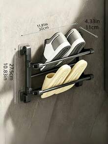 Wall-Mounted Slipper Rack, No Drilling Required, Double-Layer Bathroom/Toilet Shoe Storage Rack With Drainage Function, Space-Saving Folding Design. - Black - View 7