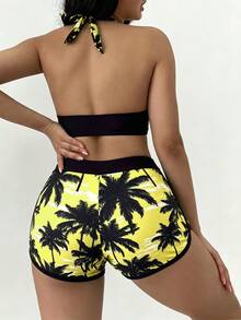 SHEIN Swim Women's Vacation Bow Halter Tie Top And Coconut Tree Print Shorts Two-Piece Swimsuit Set (Random Print) - Yellow - View 2