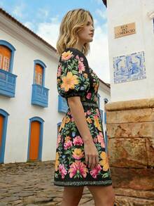 CAJUNI 女款花卉印花方領休閒派對短洋裝 - 黑色 - 查看 6