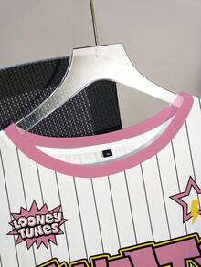 LOONEY TUNES X SHEIN Plus Size Summer Casual Striped Cartoon Letter Print T-Shirt - White - View 4