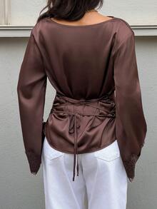 Siren Gaze New Autumn Women's Dark Brown Satin Lace-Panel Long-Sleeve Shirt With Flared Sleeves Sophisticated Style For Work Dinner Date Office Party Elegant - Brown - View 2
