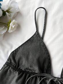 Comfortcana 女款前綁帶吊帶上衣與牛仔褲休閒套裝，兩件套女裝套裝 - 黑色 - 查看 5