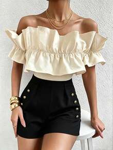 Franclia Casual Elegant Fashion Women's Decorative Ruffle Off-Shoulder Romper Party Black And White Summer - Black - View 3