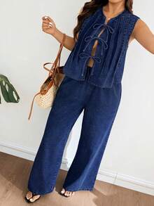 Lounesse Setelan Dua Potong Denim Kasual Wanita Ukuran Plus dengan Rompi dan Celana Bertali Depan - Dark Wash - View 4