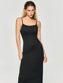 SHAPORA Vestido Longo Casual para Casa de Cor Sólida com Alças - Preto - Visão 2