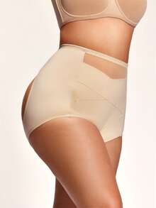 SHAPORA Plus Size Solid Color Open Back Mesh Patchwork Shapewear Bottom - Beige - View 2