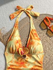 Swim Mod 女款夏季新款一件式泳衣，黃色漸層花卉隨機印花，3D花卉胸部細節，側面抽繩設計，度假海灘泳裝 - 黃色 - 查看 5