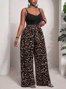 Slaydiva Casual Vintage Leopard Print Contrast Color Plus Size 2 Pieces Set, Suitable For Summer Music Festivals - Multicolor - View 4