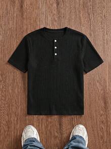 ESTAVOR Casual Men's Solid Color Button Short Sleeve T-Shirt For Daily Wear - Black - View 2
