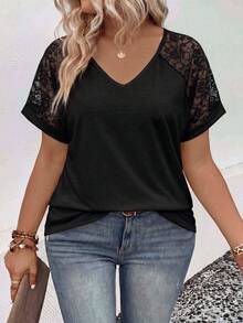 EMERY ROSE Women's Spring/Summer New Hot-Selling Lace Patchwork Design Casual Versatile Plus Size T-Shirt - Black - View 4