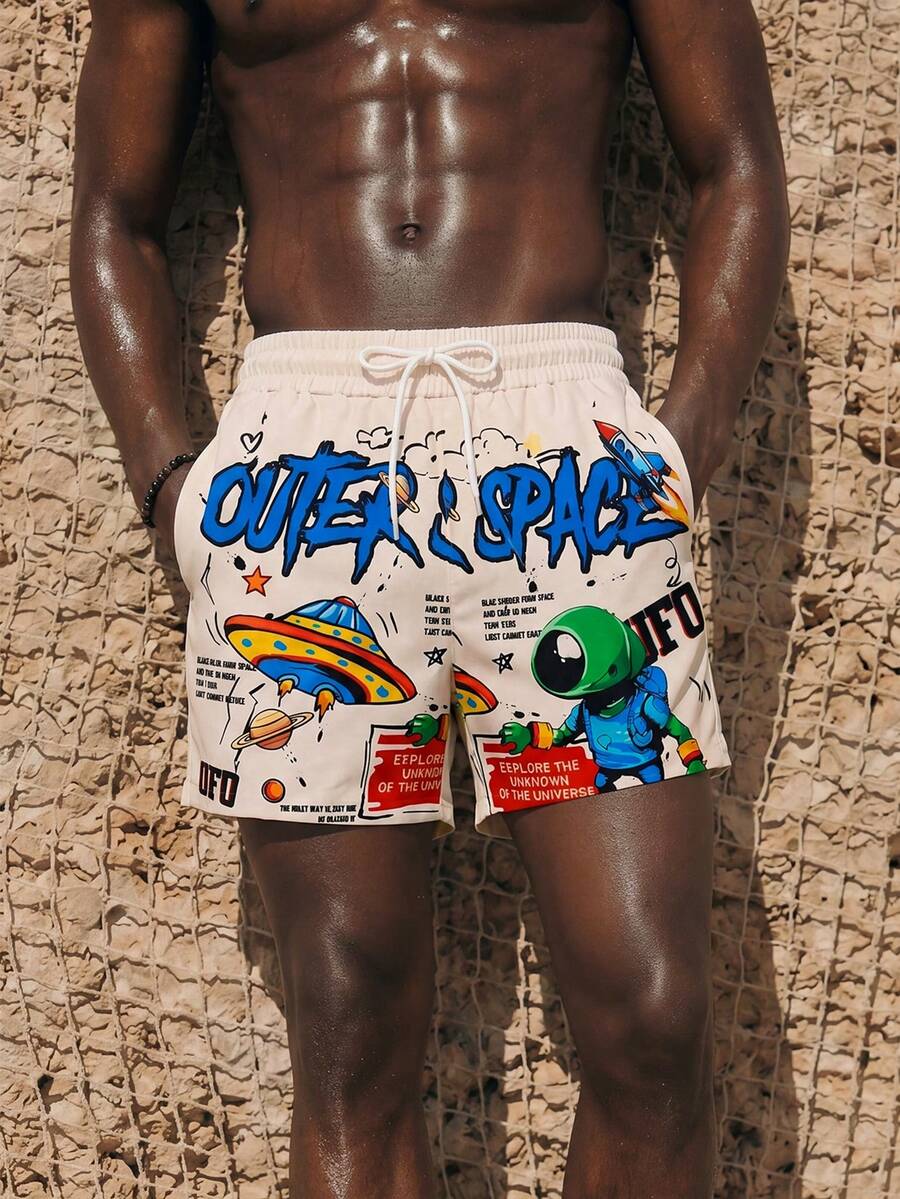 Palasendo Men's Cartoon Print Casual Beach Shorts, Summer,Outdoor Sports Trunks Swim Wear, Hawaiian BeachModeOn Men Beachwear Men Swim Trunks Cartoon, Anime Swim Trunks, Men's Anime Swim Shorts, Ufo Swim Trunks, Alien Swim Trunks, Holiday - White - View 1