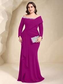 Coutiva Plus Size Women's Off-Shoulder Formal Evening Gown (Heavily Embellished) - Hot Pink - View 2