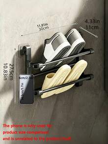 Wall-Mounted Slipper Rack, No Drilling Required, Double-Layer Bathroom/Toilet Shoe Storage Rack With Drainage Function, Space-Saving Folding Design. - Black - View 5