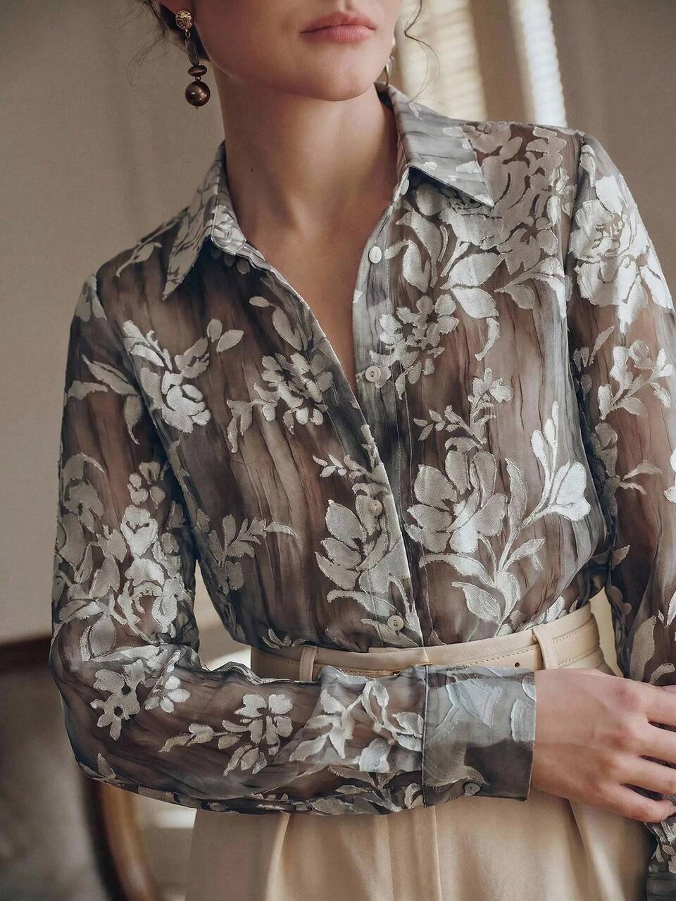 Anewsta Women's Elegant Sexy Rose Jacquard Semi-Sheer Blouse Teachers' Day Golf White Autumn