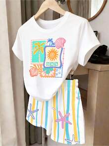 SHEIN 少女印花T恤短褲套裝 - 彩色 - 查看 7