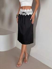 Modelyn New Summer Black Satin Ruffle Hem Mini Skirt Slimming Fashionable Elegant French Women's Skirt Bar Party - Black - View 4