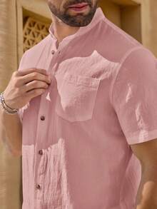 HIMLAND Men's Front Button Pocket Short Sleeve Shirt Set - Pink - View 3