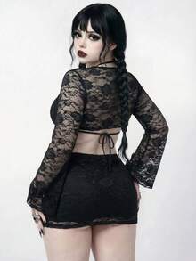 ROMWE Goth 女款透明長袖大尺碼性感罩衫 - 黑色 - 查看 2