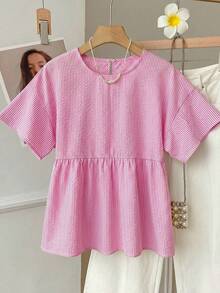 SHEIN EZwear 大尺碼女款圓領條紋百褶休閒百搭日常出遊襯衫 - 粉色 - 查看 8