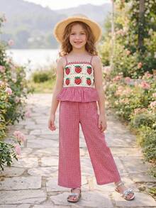 SHEIN Young Girl Camisole Ruffle Strawberry Pattern Top Plaid Long Pants Tank Top Set - Red - View 3