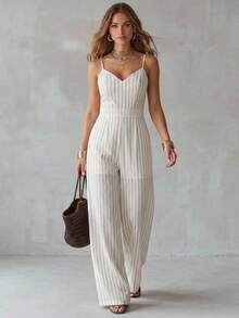 Livesso Combinaison blanche pour femmes, débardeur, style décontracté d'été, rayures, mariage, vacances, tropical, business décontracté - Beige - Voir 14