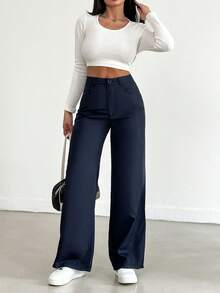 SHEIN Cottnline Women's Solid Color Straight Pants - Blue - View 3