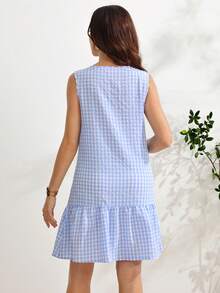SHEIN Women's Plaid Single-Breasted Comfortable Maternity Dress With Simple Elegant Neckline And Sleeveless Design - Blue and White - View 2