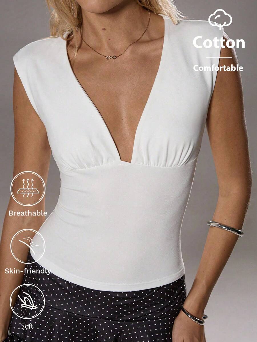 TRNVIE Casual Sexy Deep V-Neck Tank Top - White - View 1